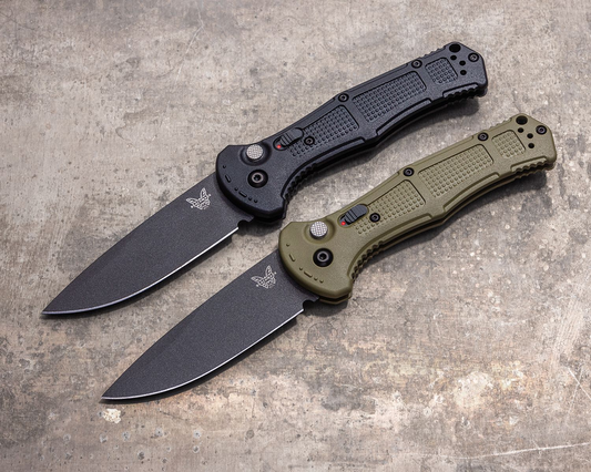 Benchmade 9070BK-1 Claymore AUTO Folding Knife 3.6" CPM-D2 Cobalt Black Plain Blade, Ranger Green Grivory Handles