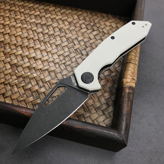 KUBEY KU122F Liner Lock Thumb Open Folding Knife White G10 Handle 3.11" Dark Stonewahsed D2