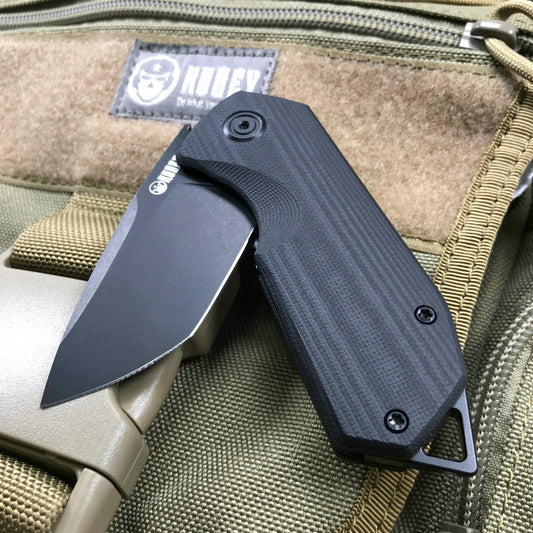 KUBEY KU203J Campe Liner Lock EDC Flipper Knife Striped Black G10 Handle 2.36"Dark Stonewashed D2