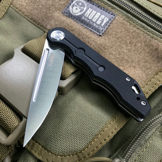 KUBEY KU2101A Mizo Liner Lock Front Flipper Folding Knife Black G10 Handle 3.15" Satin 14C28N