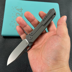 KUBEY KB259B Blackout Frame Lock Folding Knife Gray Titanium Handle 3.15" Brush & Sandblast M390