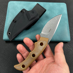KUBEY KU376B Mikkel Willumsen Design Blade Hunter Drop Point Fixed Blade Knife Brown Micarta Handle 2.95''Beadblast 14C28N