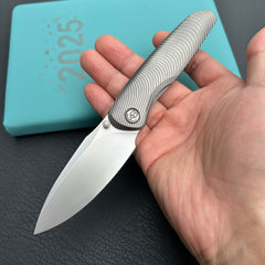 KB knives KB379A Pioneer Folding Knife Sandblast Titanium w/Wave Milling Handle 3.35'' Beadblast CPM 20CV Blade