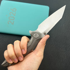 KB KNIVES KB495A Nova Reverse Tanto Frame Locking Folding Knife Sandblast Titanium Handle 3.66" Belt Satin M390 Folding Knife
