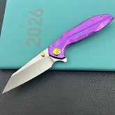 KB knife KB495F Nova Reverse Tanto Frame Locking Folding Knife Purple Crrystallized Titanium Handle 3.66" Belt Satin M390