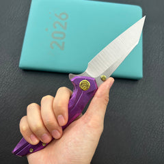 KB knife KB495F Nova Reverse Tanto Frame Locking Folding Knife Purple Crrystallized Titanium Handle 3.66" Belt Satin M390