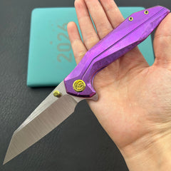 KB knife KB495F Nova Reverse Tanto Frame Locking Folding Knife Purple Crrystallized Titanium Handle 3.66" Belt Satin M390