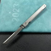 KUBEY KB243A Prism Button Lock CEO Style Folding Knife Silver Grey 6AL4V Titanium Handle 3.54'' Beadblast 14C28N