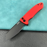 KUBEY KU336H  Creon Small Pocket Knife with Button Lock Red G10 Handle 2.87" Blackwashed AUS-10