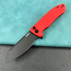 KUBEY KU336H Creon Small Pocket Knife with Button Lock Red G10 Handle 2.87" Blackwashed AUS-10