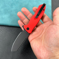 KUBEY KU336H Creon Small Pocket Knife with Button Lock Red G10 Handle 2.87" Blackwashed AUS-10