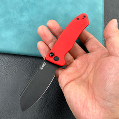 KUBEY KU336H Creon Small Pocket Knife with Button Lock Red G10 Handle 2.87" Blackwashed AUS-10