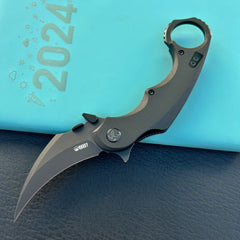 KUBEY KU298B Rogue Recurve Karambit Folding Knife Black G10 Handle 2.91" Blackwash 14C28N Blade
