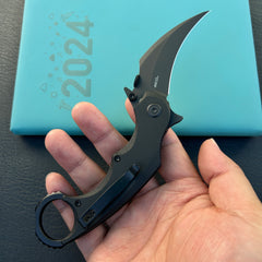 KUBEY KU298B Rogue Recurve Karambit Folding Knife Black G10 Handle 2.91" Blackwash 14C28N Blade