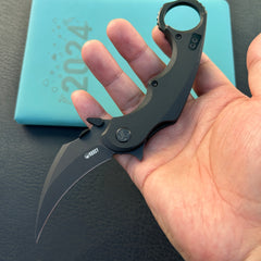 KUBEY KU298B Rogue Recurve Karambit Folding Knife Black G10 Handle 2.91" Blackwash 14C28N Blade