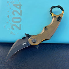 KUBEY KU298H Rogue Recurve Karambit Folding Knife Ultem Handle 2.91" Blackwash 14C28N Blade