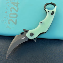 KUBEY KU298E Rogue Recurve Karambit Folding Knife Jade G10 Handle 2.91" Blackwash 14C28N Blade