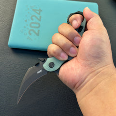 KUBEY KU298E Rogue Recurve Karambit Folding Knife Jade G10 Handle 2.91" Blackwash 14C28N Blade