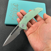 KUBEY  KU372B Nautilus Flipper Knife Jade G10 Handle 3.46" Silver Sandblast 14C28N