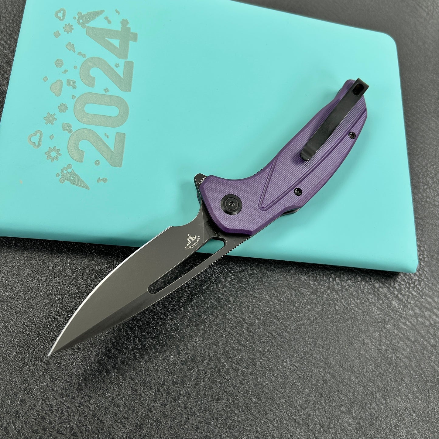 KUBEY KU372A Nautilus Flipper Knife Purple G10 Handle 3.46" Silver Sandblast 14C28N