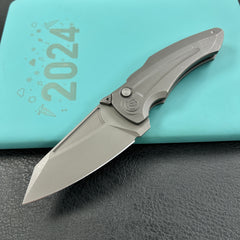 KB Knives KB400B Jake Hoback Design Sumo Button Lock Folding Knife Darkblast Titanium Handle 3.15" Acid Etch and Stonewash CPM 20CV Blade
