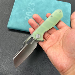 KUBEY KU328I Atlas Nest Liner Lock Folding Knife Jade G10 Handle 3.31" Satin 14C28N