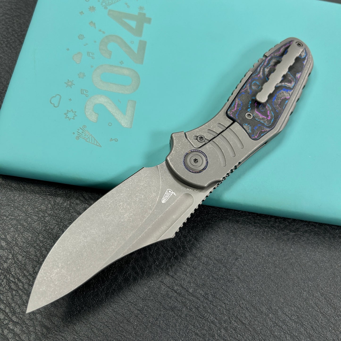 KB Knives KB384B Stroller Folding Knife Darkblast Titanium/CF Inlays Handle 3.35" Darkwash CPM 20CV Blade