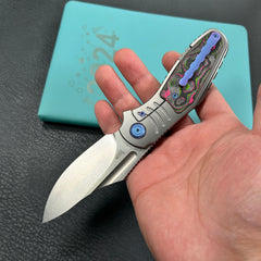 KB Knives KB384A Stroller Folding Knife Gray Titanium/CF Inlays Handle 3.35”Stonewash CPM 20CV Blade