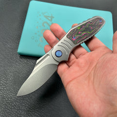 KB Knives KB384A Stroller Folding Knife Gray Titanium/CF Inlays Handle 3.35”Stonewash CPM 20CV Blade