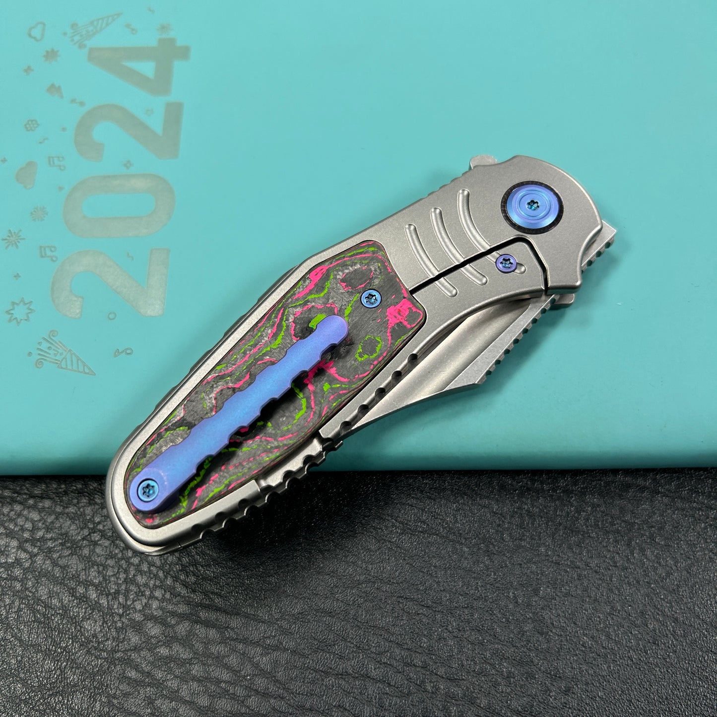 KB Knives KB384A Stroller Folding Knife Gray Titanium/CF Inlays Handle 3.35”Stonewash CPM 20CV Blade