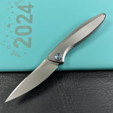 KUBEY  KB2103A Pike Liner Lock Folding Knife Gray CPM-20CV Titanium Handle 2.87" Sand Blasted 6AL4V Titanium