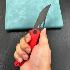 KUBEY KU149F Phemius Liner Lock Folding Pocket Knife Red G10 Handle 3.66" Blackwash 14C28N