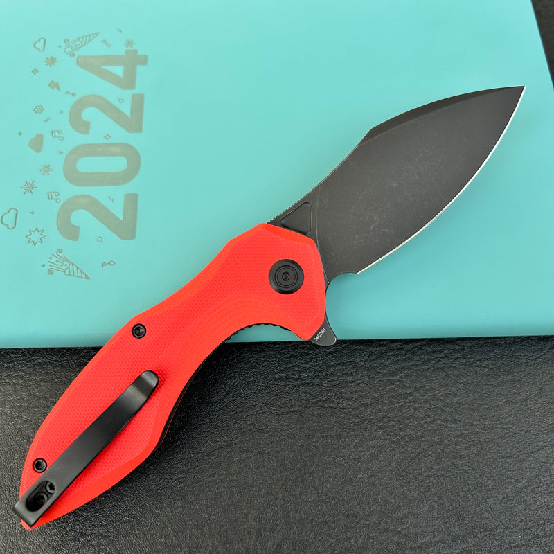 KUBEY KU236P Noble Flipper Folding Knife Red G10 Handle 3.15" Blackwash 14C28N