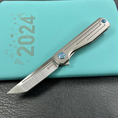 KUBEY KB244A Musō Flipper Everyday Carry Knife Grey Titanium Handle 2.95" Tanto Belt Satin M390 Blade