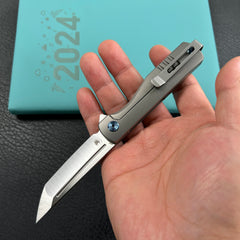 KUBEY KB244A Musō Flipper Everyday Carry Knife Grey Titanium Handle 2.95" Tanto Belt Satin M390 Blade