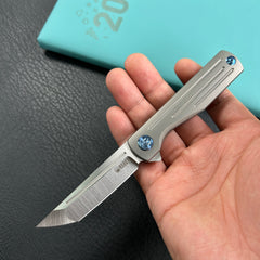 KUBEY KB244A Musō Flipper Everyday Carry Knife Grey Titanium Handle 2.95" Tanto Belt Satin M390 Blade