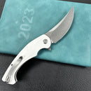 KUBEY KU173C Scimitar Liner Lock Folding Knife White G10 Handle 3.46" Bead Blast AUS-10