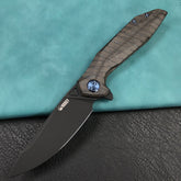 KUBEY KB235 Nova Frame Lock Flipper Folding Knife 6AL4V Titanium Tiger Stripe Pattern Flamed Handle 3.66" Darkwashed 14C28N