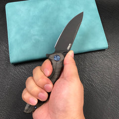 KUBEY KB235 Nova Frame Lock Flipper Folding Knife 6AL4V Titanium Tiger Stripe Pattern Flamed Handle 3.66" Darkwashed 14C28N