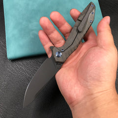 KUBEY KB235 Nova Frame Lock Flipper Folding Knife 6AL4V Titanium Tiger Stripe Pattern Flamed Handle 3.66" Darkwashed 14C28N