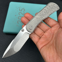 KB KB444A Folklore Folding Knife Sandblast Titanium w/ Jigged Pattern Milling Handle 3.42'' Belt Satin M390 Blade