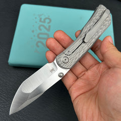 KB KB444A Folklore Folding Knife Sandblast Titanium w/ Jigged Pattern Milling Handle 3.42'' Belt Satin M390 Blade