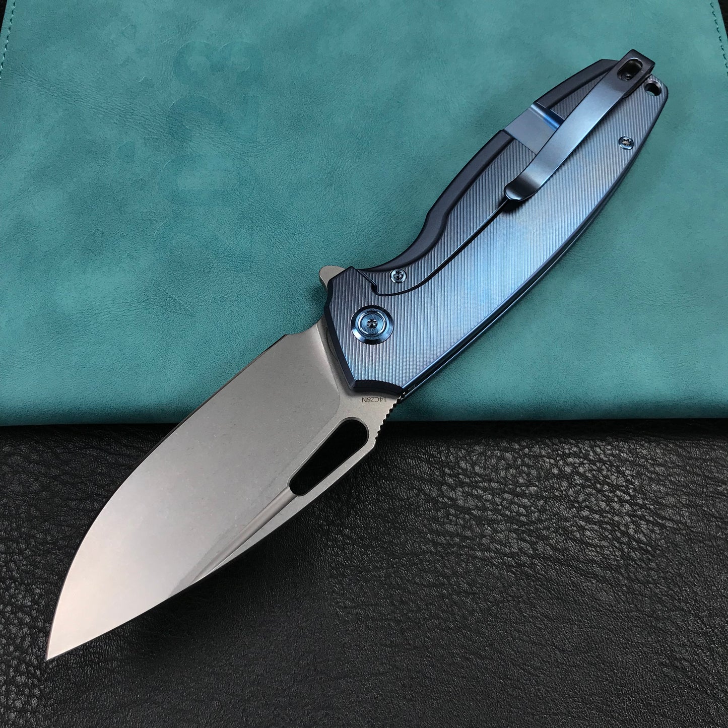 KUBEY KB360D Tityus Frame Lock Flipper Folding Knife blue 6AL4V Titanium Handle 3.39" Blasted Stonewashed 14C28N