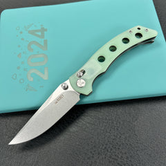 KUBEY KU172G  Hound Crossbar Lock Folding Pocket Knife Jade G-10 Handle 3.43" Stonewash 14C28N Blade