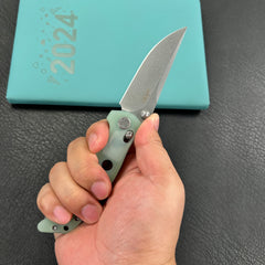 KUBEY KU172G  Hound Crossbar Lock Folding Pocket Knife Jade G-10 Handle 3.43" Stonewash 14C28N Blade