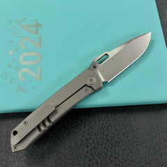 KUBEY KB259B Blackout Frame Lock Folding Knife Gray Titanium Handle 3.15" Brush & Sandblast M390
