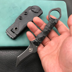 KUBEY KU320B WOLF E-CQC Fixed Blade Knife Black G10 Handle w/Kydex 2.76" Dark Stonewashed D2