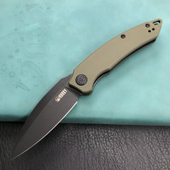 KUBEY KU333C Leaf Liner Lock Front Flipper Folding Knife Green G10 Handle 2.99" Black Stonewashed AUS-10