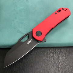 KUBEY KU332F Duroc Liner Lock Flipper Folding Knife Red G10 Handle 2.91" Black Stonewashed AUS-10