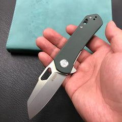 KUBEY KU332G Duroc Liner Lock Flipper Folding Knife OD Green G10 Handle 2.91" Blasted Stonewashed AUS-10